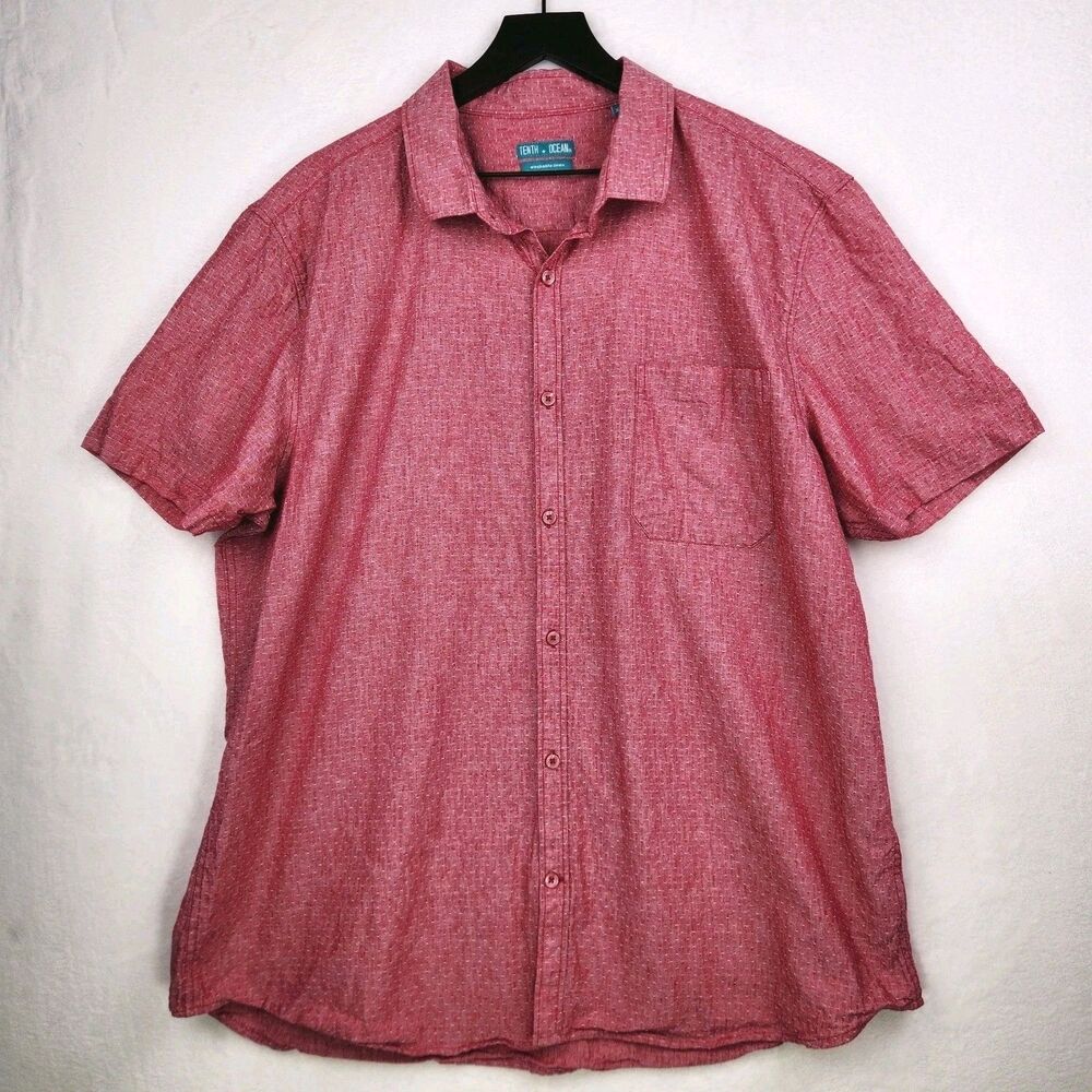 Tenth + Ocean Linen Blend Short Sleeve‎ Button Shirt XXL Red Pink Washable Linen